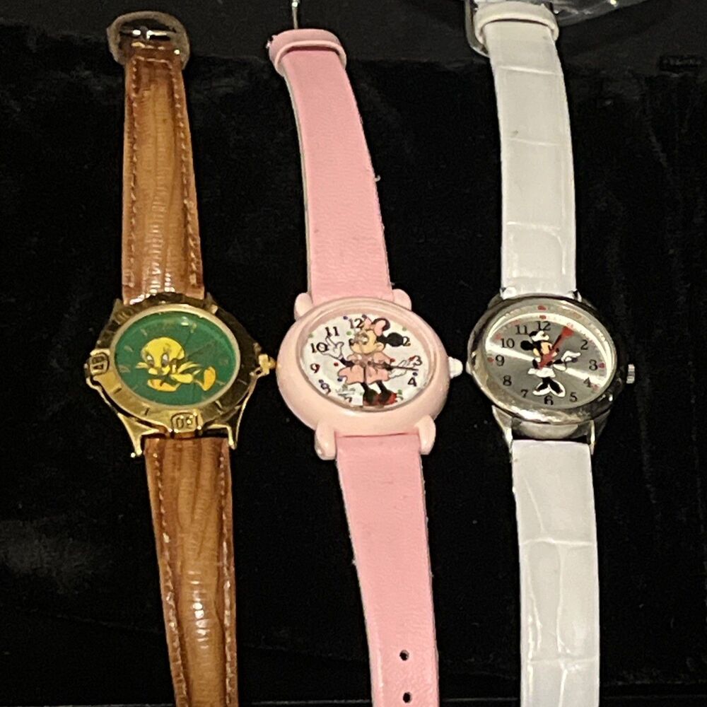 Lot Of 3 Vintage Disney Watches Minnie Mouse Lotus Pink, White Nurse, Tweety